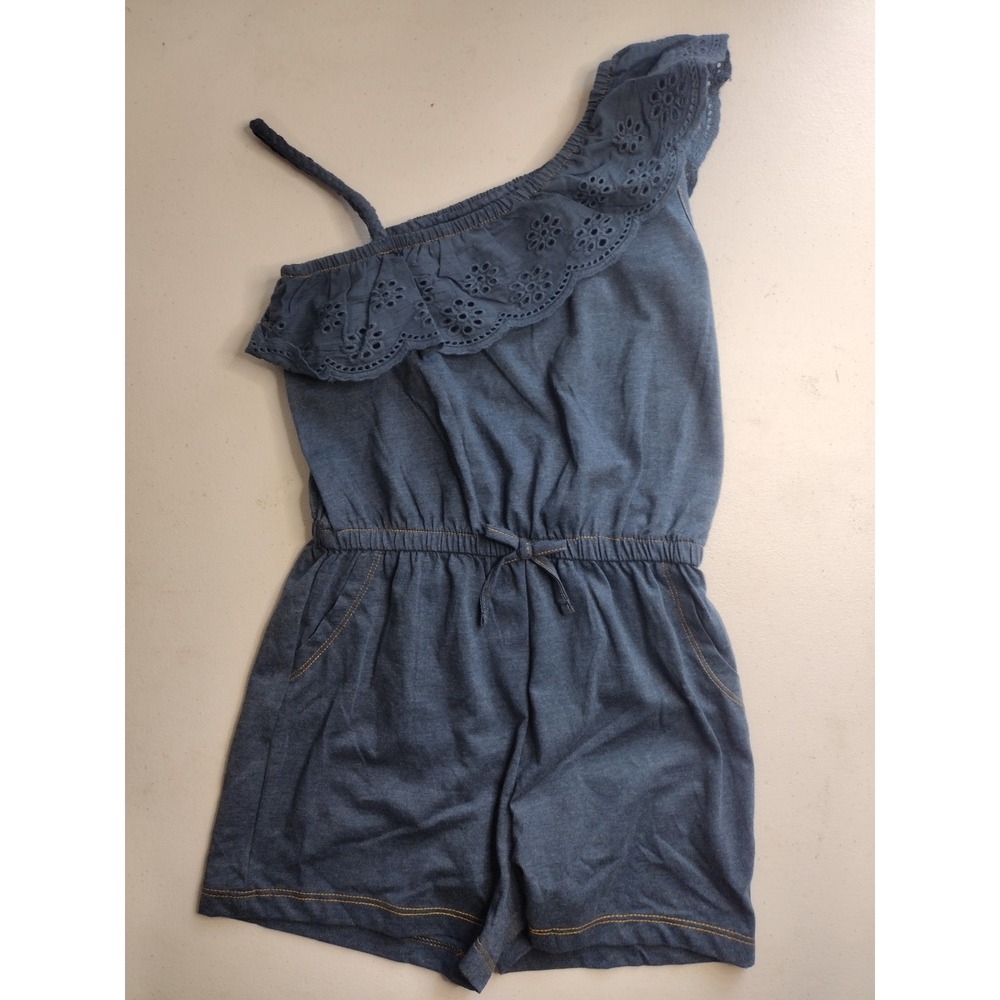 Victory Heart‎ Girls Blue Chambray One Shoulder Eyelet Ruffle Romper Size 7